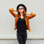 Fashion,Pretty,Woman,Model,Wearing,A,Black,Hat,,Sunglasses,,Jacket