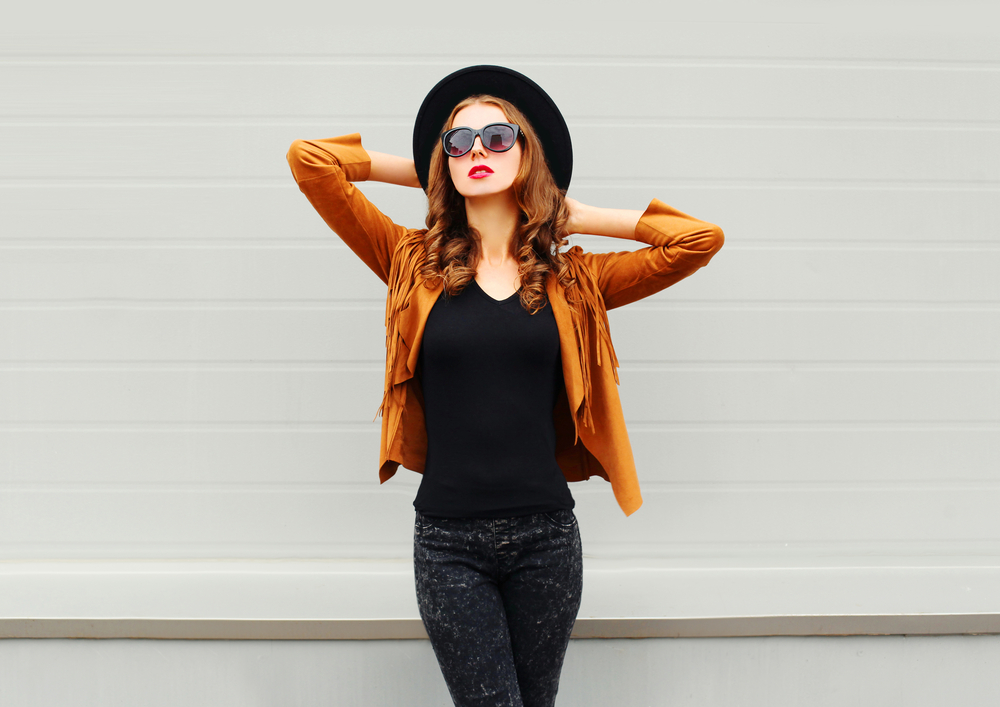 Fashion,Pretty,Woman,Model,Wearing,A,Black,Hat,,Sunglasses,,Jacket